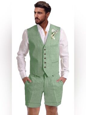 Men's Light Green Linen Suit Vest and Pants Set